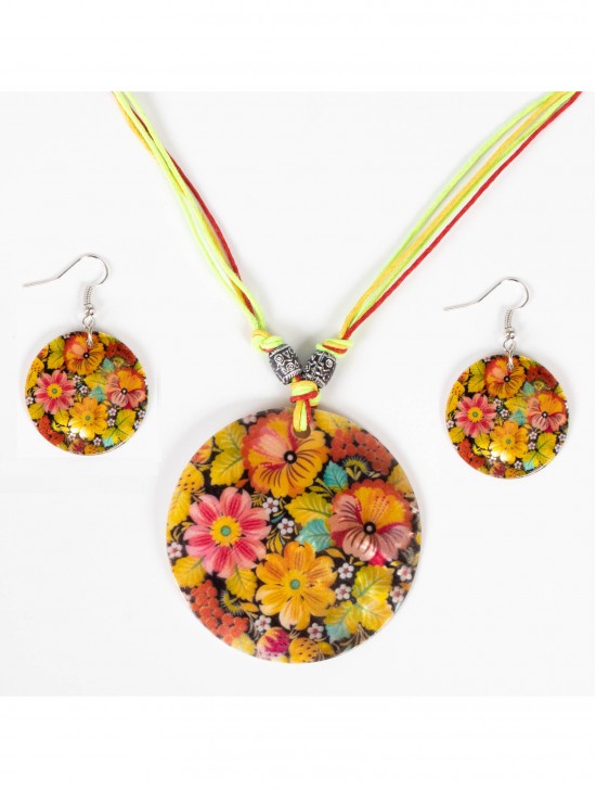 Fashion Flower Print Shell Necklace and Earrings Set
